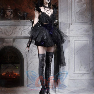 Elegy Day Gothic Feather Rhinestone Velvet Dress