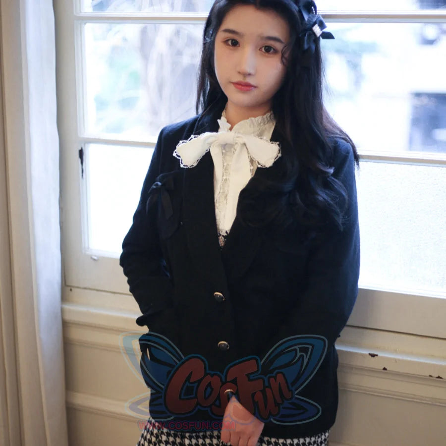 Daily Elegant Winter Lolita Woolen Houndstooth Skirt Sets Black / S / Coat