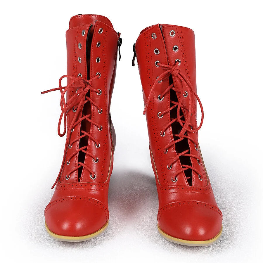 COSFUN The Bride Ida Bolinski cosplay boots in red knee-high style anchoring 12 silver eyelets and red laces.