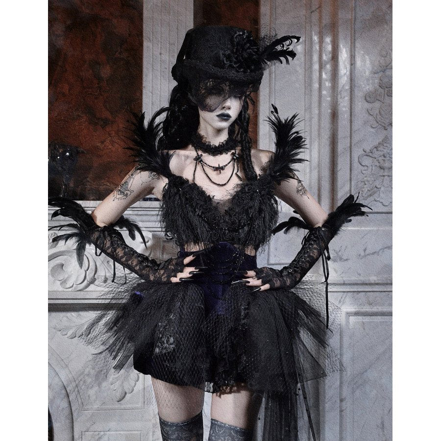 Elegy Day Gothic Feather Rhinestone Velvet Dress