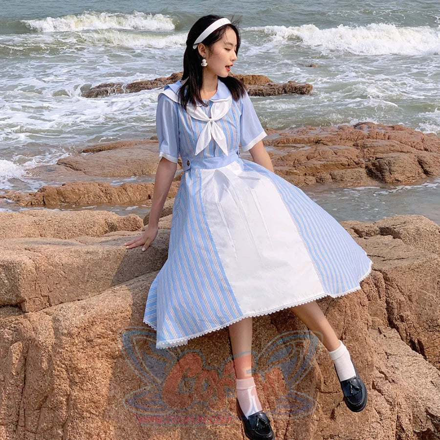 Summer Color Blocking Stripe Short-sleeved Dress - cosfun