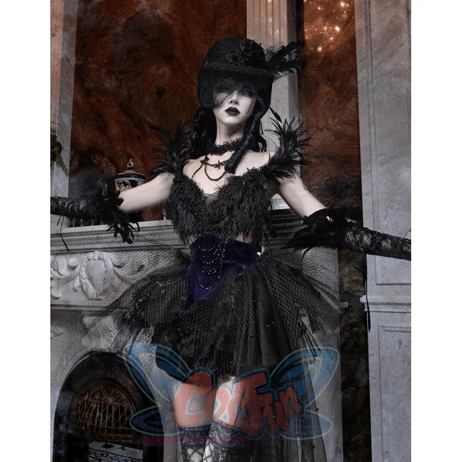 Elegy Day Gothic Feather Rhinestone Velvet Dress