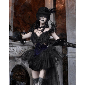 Elegy Day Gothic Feather Rhinestone Velvet Dress
