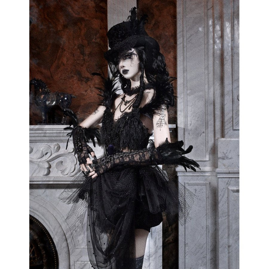 Elegy Day Gothic Feather Rhinestone Velvet Dress COSFUN