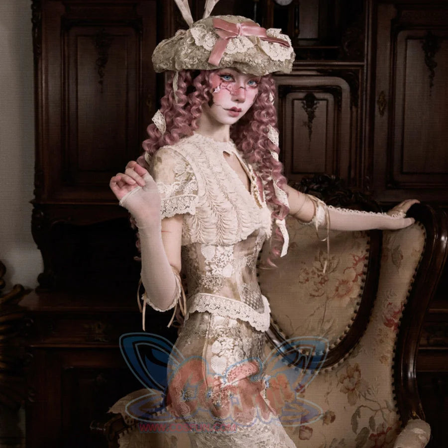 Rococo Duchess Lace Crop Top with Heart Cutout and Crew Neck