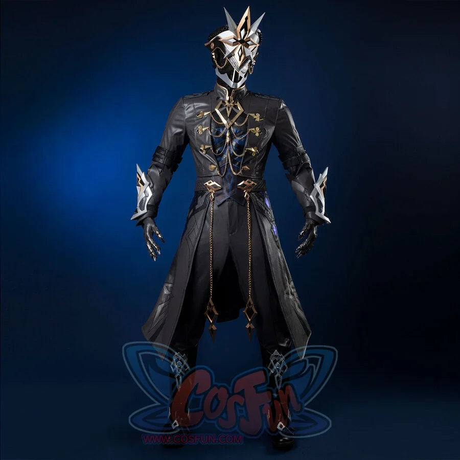 Genshin Impact Il Capitano cosplay armor suit balances layered long coat with intricate helmet and patterned leggings.