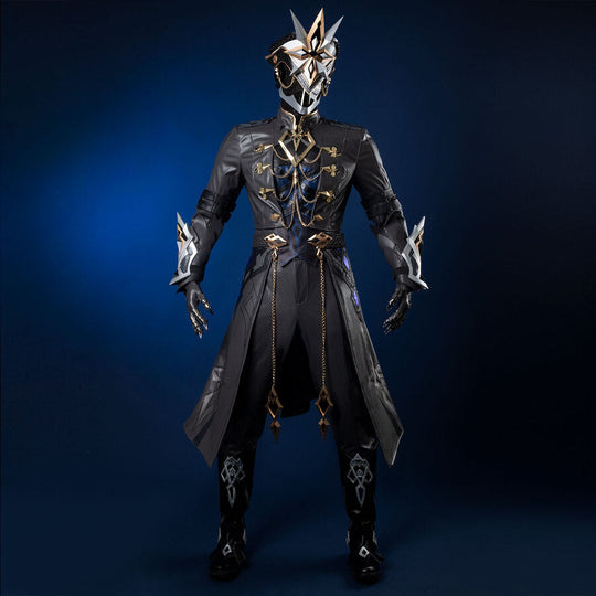 Genshin Impact Il Capitano cosplay armor suit balances layered long coat with intricate helmet and patterned leggings.
