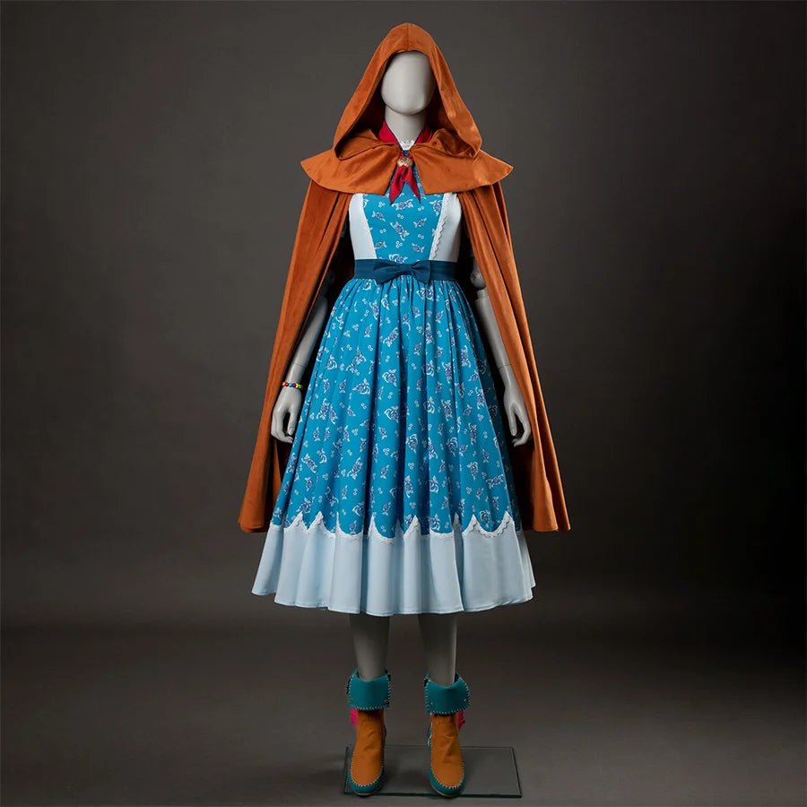 COSFUN Stranger Things Season 5 Holly Wheeler cosplay cape layers over a blue dress paired with orange boots.