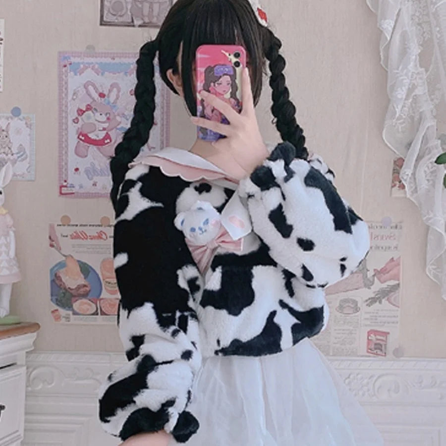 Autumn Winter Lovely Cow Lolita Woolen Hoodie - cosfun