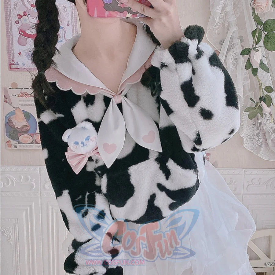 Autumn Winter Lovely Cow Lolita Woolen Hoodie - cosfun
