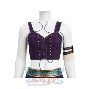 Front close-up of Robin cosplay purple bustier top with bronze eyelet lacing and arm ring accessory