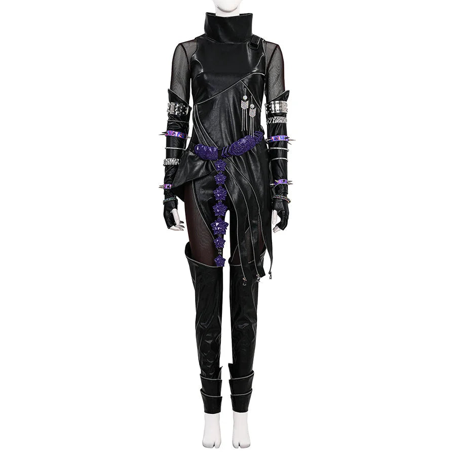 Front view of Mira cosplay costume killer black suit with black pleather top, high collar, mesh details, purple floral belt, arm accessories, tight pants and boots.