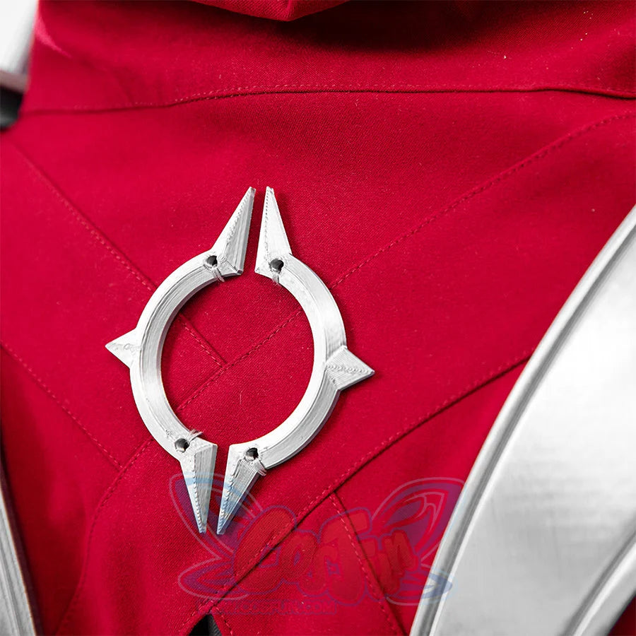 Invisible Woman Malice Cosplay costume details with black, silver accessories, and red design on a white background.