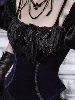 Elegy Day Gothic Velvet Puff Sleeve Backless Corset Top