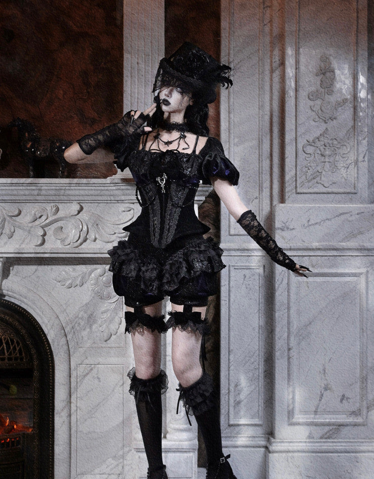 Elegy Day Gothic Velvet Puff Sleeve Backless Corset Top