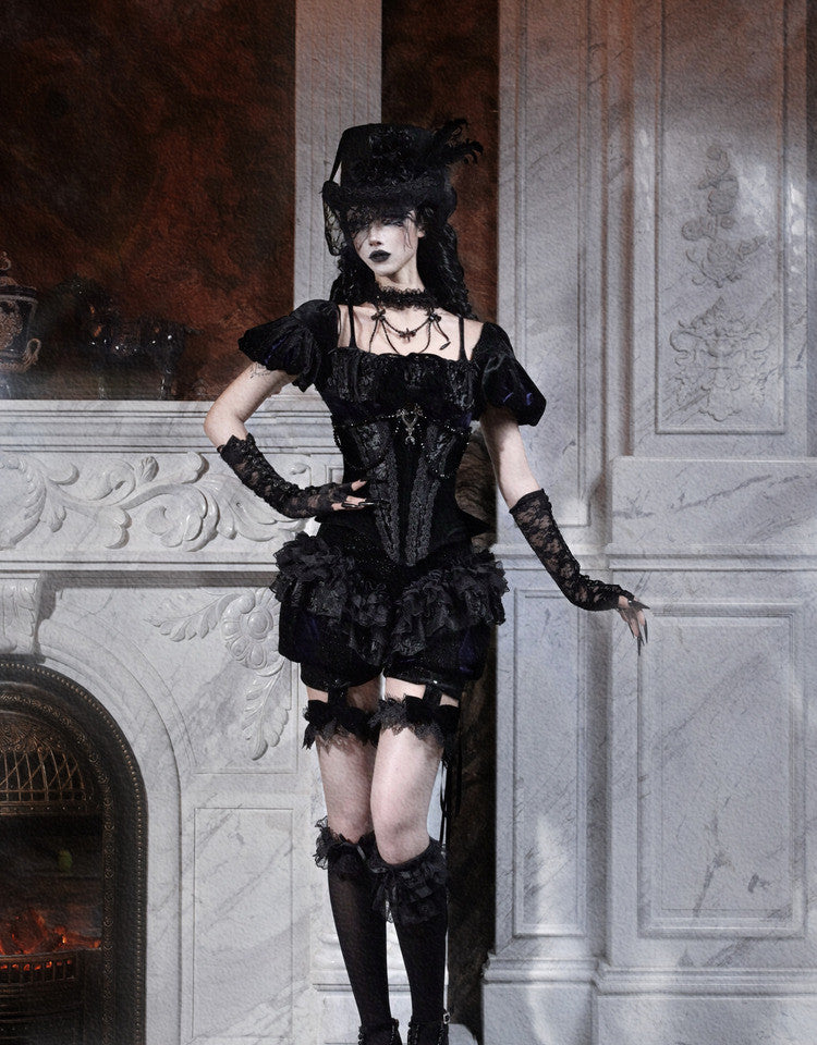 Elegy Day Gothic Velvet Puff Sleeve Backless Corset Top
