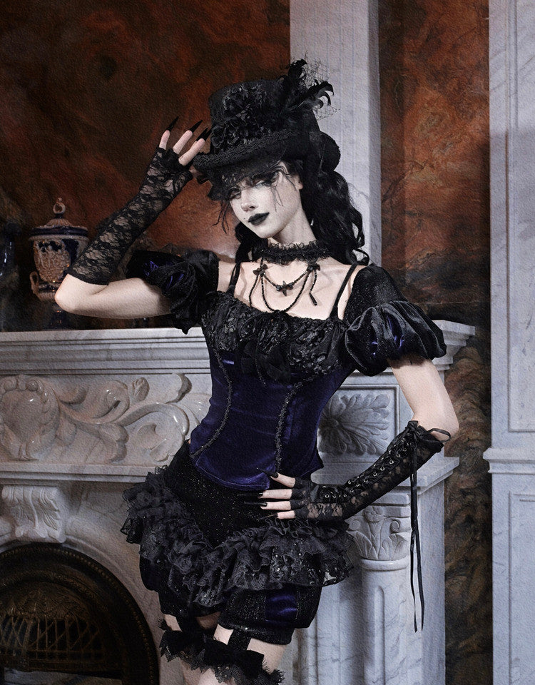 Elegy Day Gothic Velvet Puff Sleeve Backless Corset Top