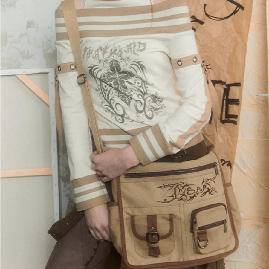 Japanese Style Vintage Canvas Crossbody Bag One Size