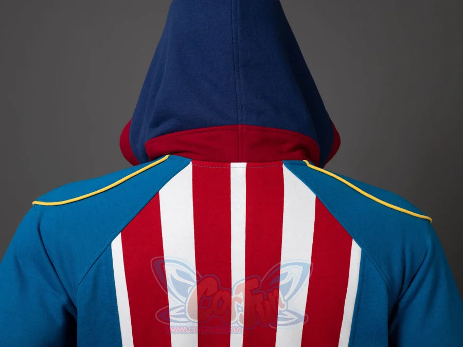 Close-up back detail of Homelander cosplay jacket showing red and white vertical stripes