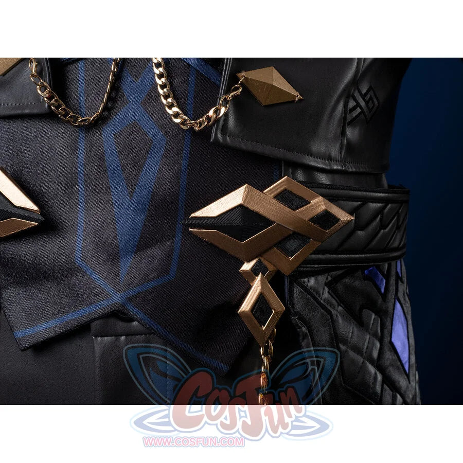 Genshin Impact Il Capitano cosplay vest anchors diamond buckles across black faux-leather alongside gold chain accents.