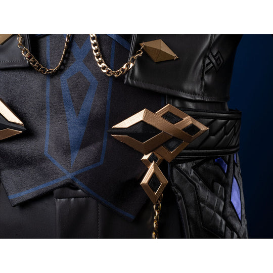 Genshin Impact Il Capitano cosplay vest anchors diamond buckles across black faux-leather alongside gold chain accents.
