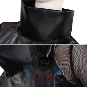 Collar detail of Mira cosplay costume killer black suit with high pleather neckline and mesh insert for dark punk style cosplay.