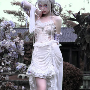 White Gothic Drawstring Halter Dress