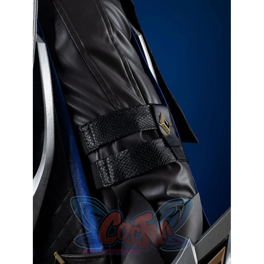 Genshin Impact Il Capitano cosplay bracer pairs textured black leatherette panel.