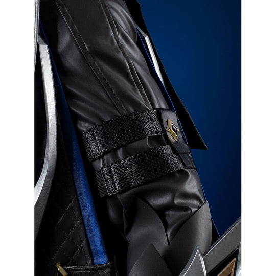Genshin Impact Il Capitano cosplay bracer pairs textured black leatherette panel.