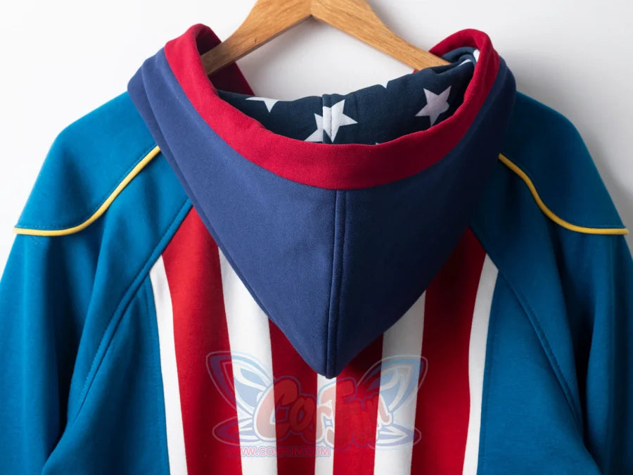 Flat lay of Homelander cosplay jacket on hanger, showing star-lined collar and striped design