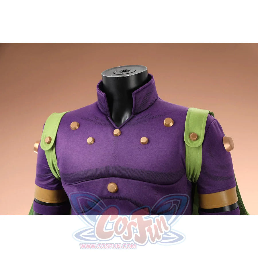 Anime Gyro Zeppeli cosplay top gathers brass circular buttons in a detailed costume view.