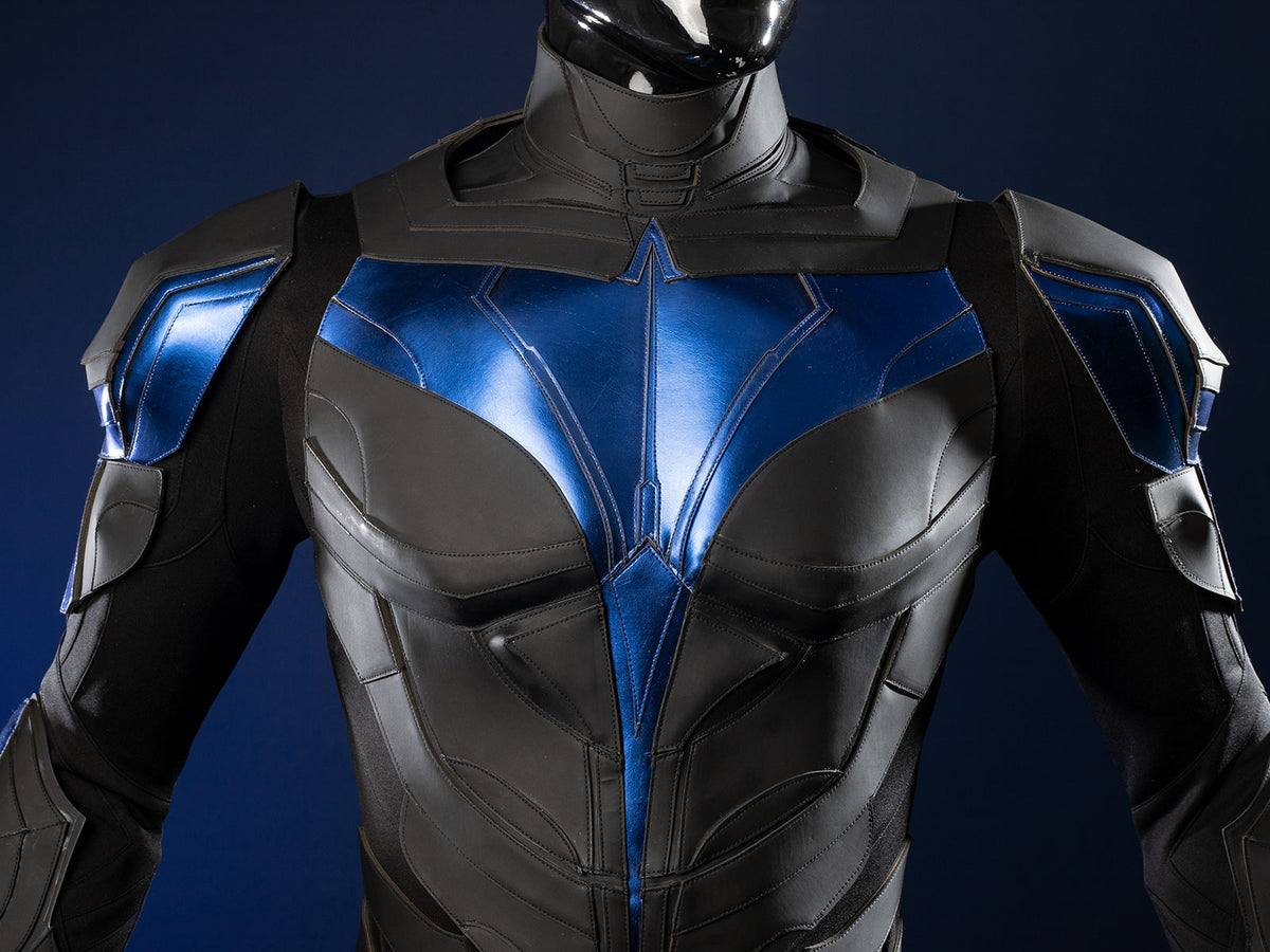 Nightwing cosplay costume - Detailed chest emblem with blue wingding symbol design