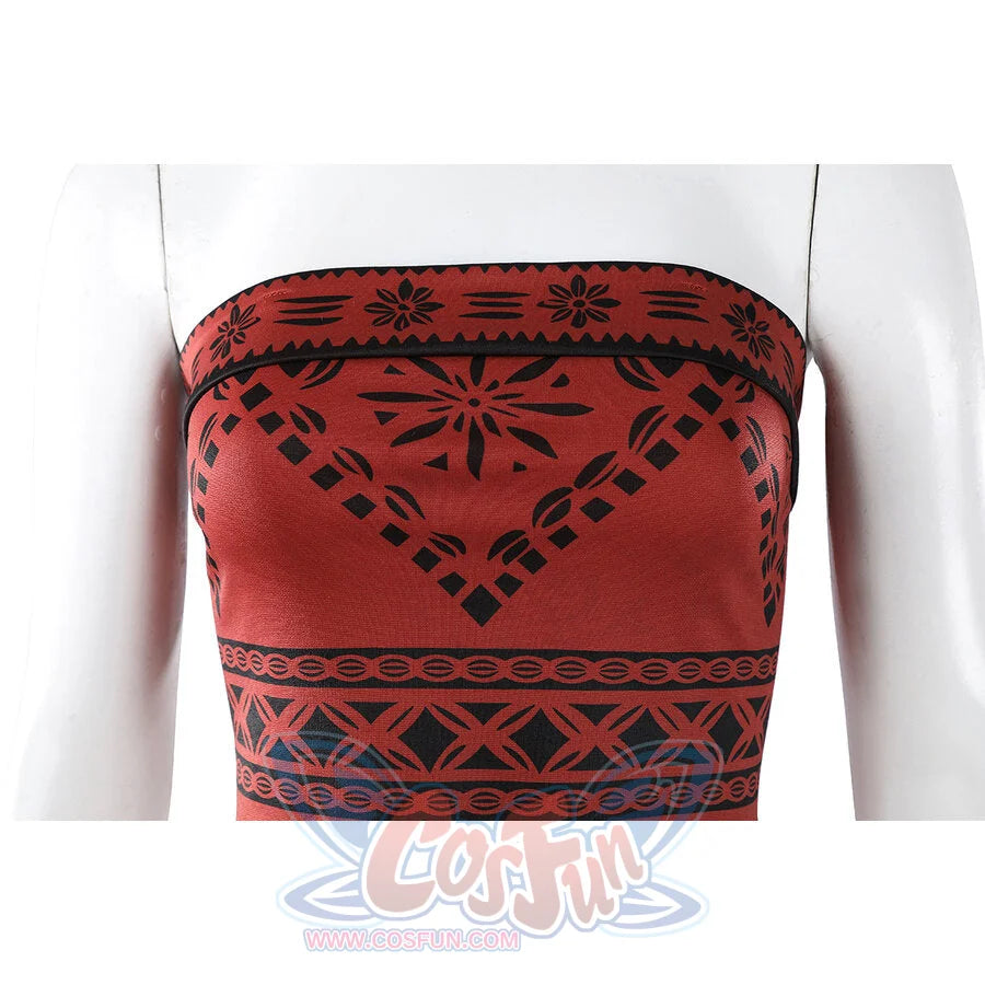 Moana cosplay bandeau top traces black geometric star patterns across a red strapless tube silhouette.