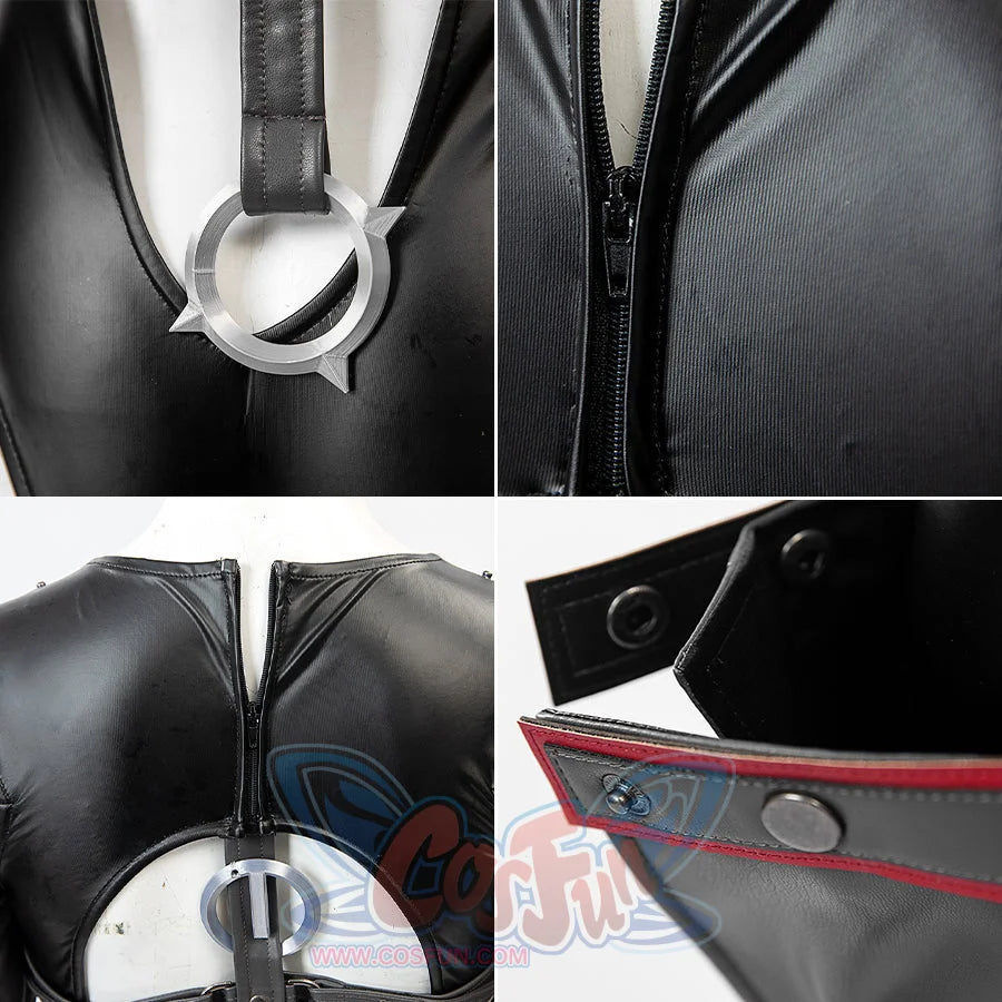 Invisible Woman Malice Cosplay costume details with black, silver accessories, and red design on a white background.