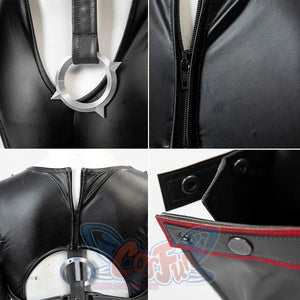 Invisible Woman Malice Cosplay costume details with black, silver accessories, and red design on a white background.