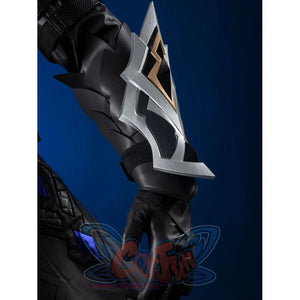 Genshin Impact Il Capitano cosplay gauntlet layers silver gold and blue triangular accents over segmented black hand armor.