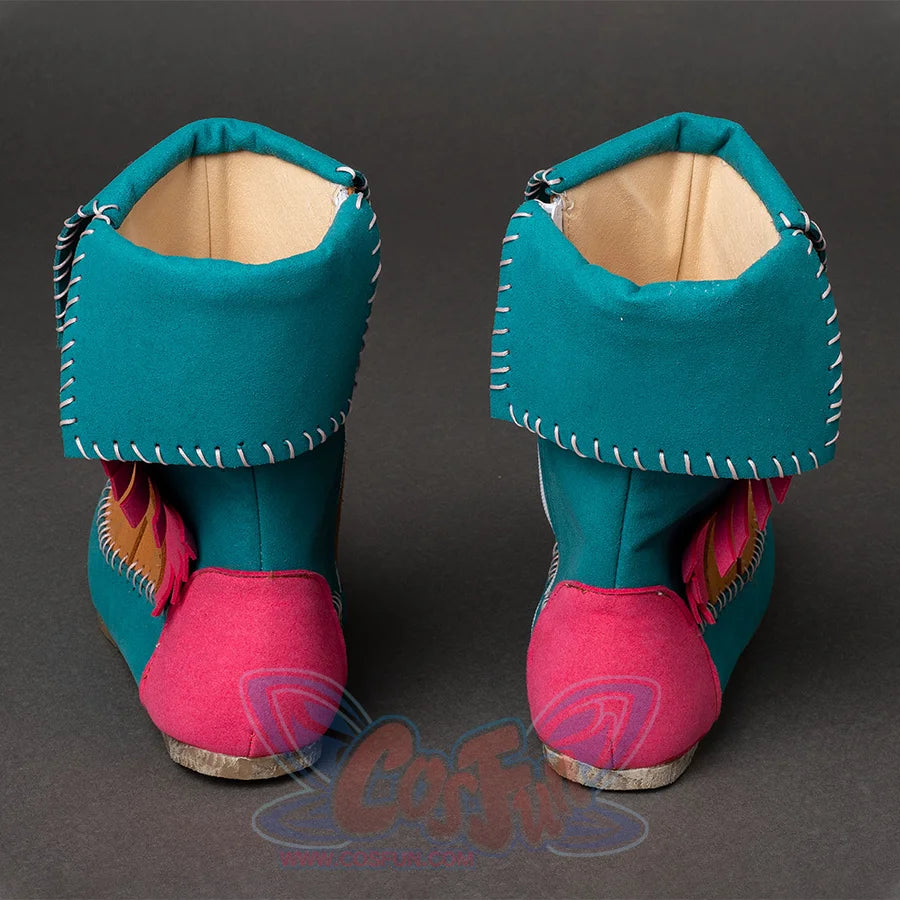 Stranger Things Holly Wheeler cosplay boots rear view frames pink heel counters beneath teal shafts with feather and stitch.