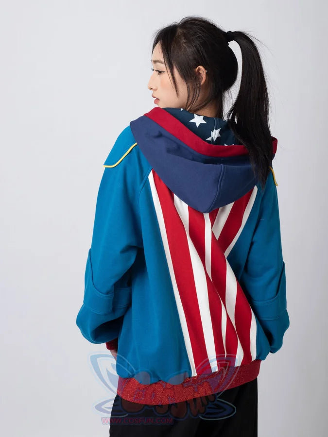 Back view of blue Homelander cosplay jacket featuring red and white striped design