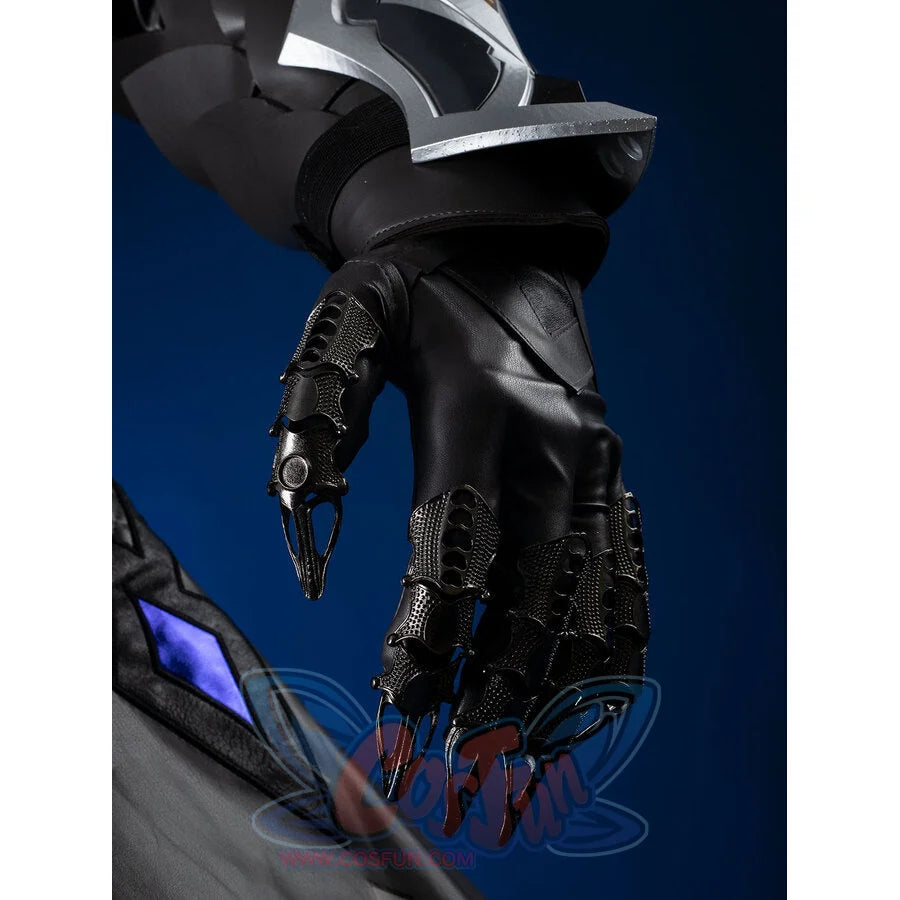 Genshin Impact Il Capitano cosplay glove and armor sets articulated metallic claw fingers above ornate grey forearm plating.