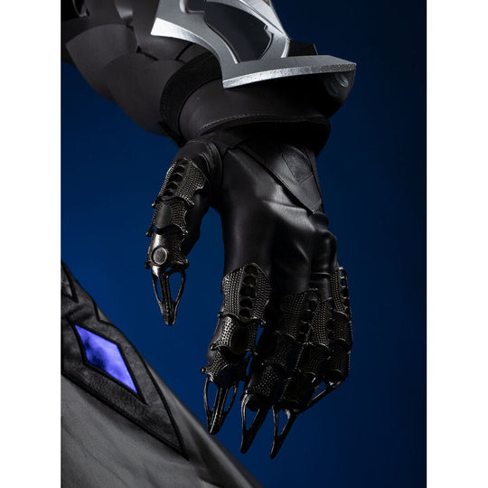 Genshin Impact Il Capitano cosplay glove and armor sets articulated metallic claw fingers above ornate grey forearm plating.