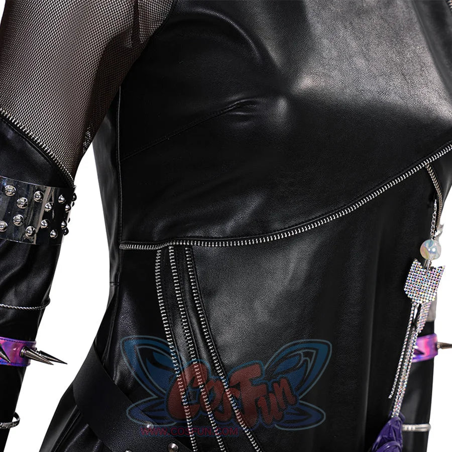 Waist detail of Mira cosplay costume killer black suit with high pleather material and mesh insert for dark punk style cosplay.