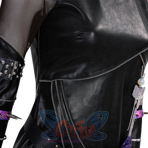 Waist detail of Mira cosplay costume killer black suit with high pleather material and mesh insert for dark punk style cosplay.