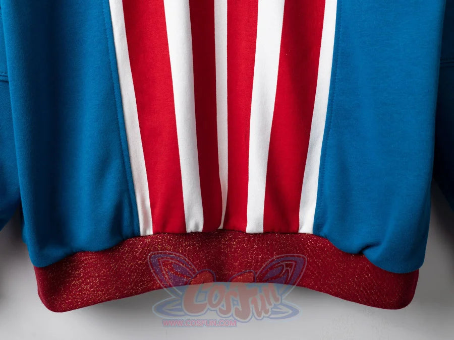 Close-up of Homelander cosplay jacket bottom hem with red ribbed cuff and striped back detail