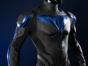 Nightwing cosplay costume - Three-quarter view with blue armor and black suit details
