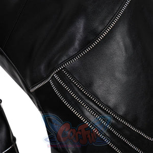 Waist detail of Mira cosplay costume killer black suit with high pleather material and zipper detail for dark punk style cosplay.