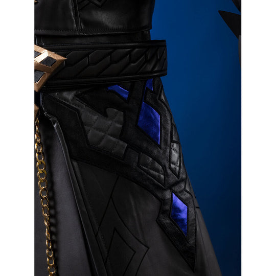 Genshin Impact Il Capitano cosplay tunic centers iridescent blue diamond overlays above metallic belt and gold chain drape.