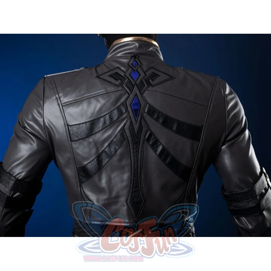 Genshin Impact Il Capitano cosplay cropped jacket rear frames black segmented back panels.