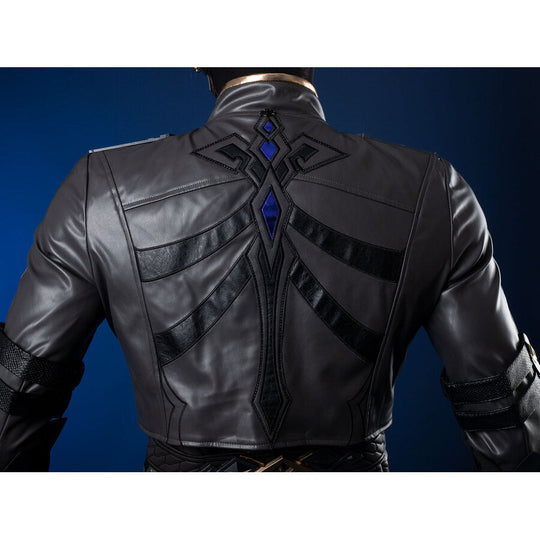 Genshin Impact Il Capitano cosplay cropped jacket rear frames black segmented back panels.