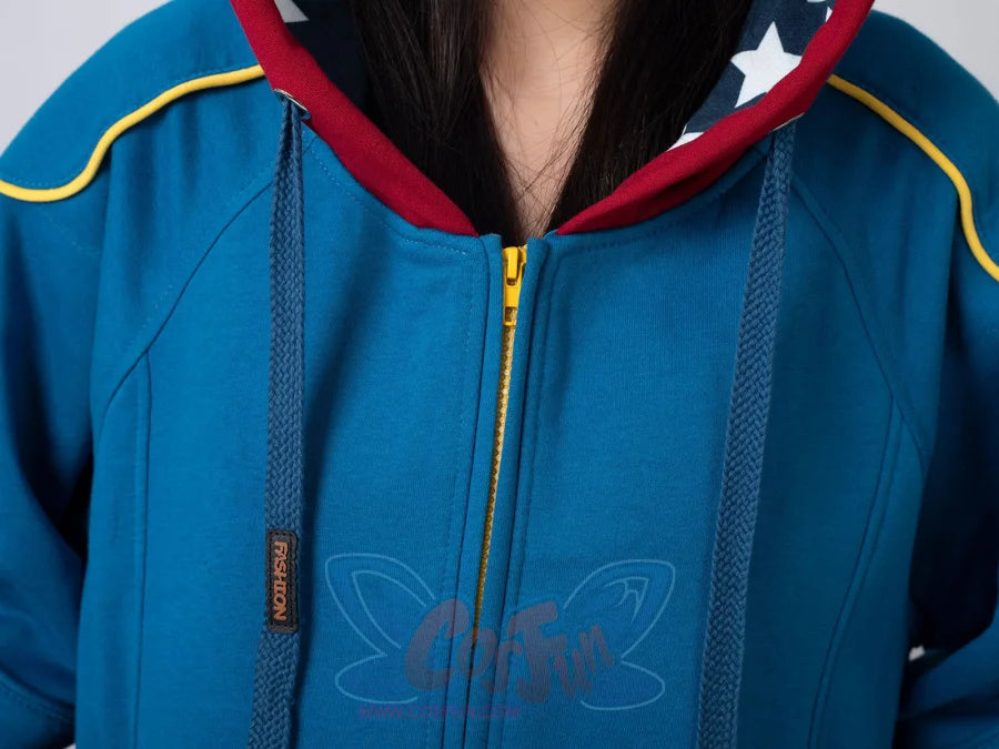 Detail of Homelander cosplay jacket showing yellow zipper, red hood trim, and shoulder design