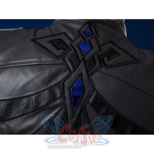 Genshin Impact Il Capitano cosplay garment balances black segmented overlays in a detailed costume view.